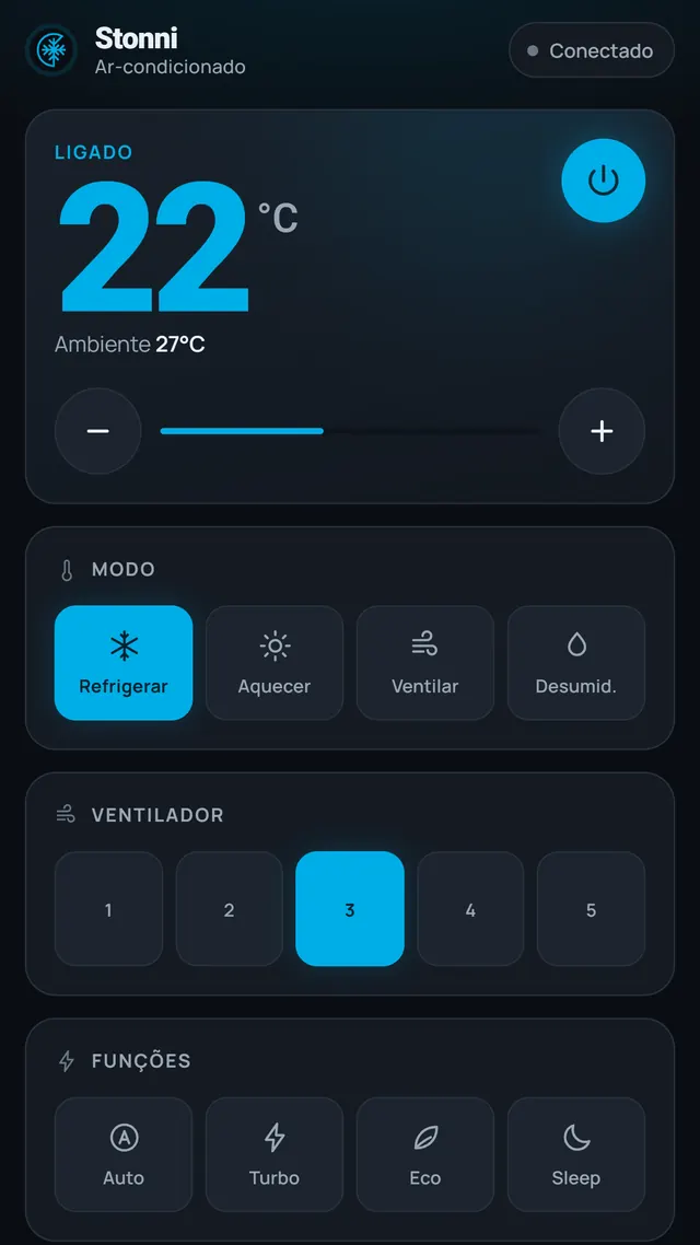 Tela do aplicativo Stonni controlando o ar-condicionado: 22°C, modo Refrigerar